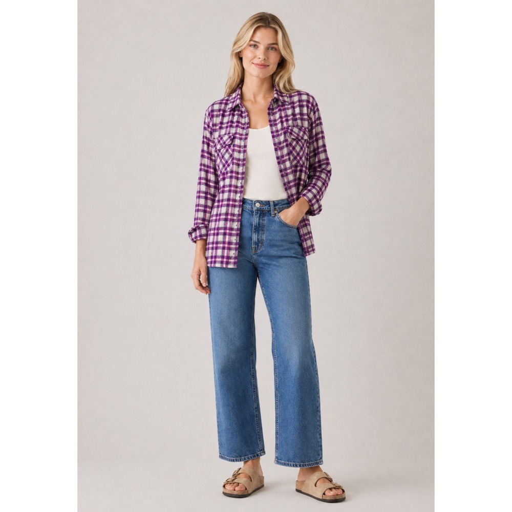 cAbi Flannel Shirt Womens Medium Purple Plaid Cotton Corset Back Style 817